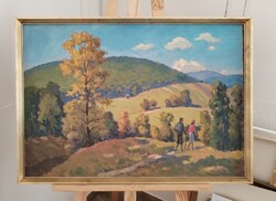 Rieger Gy. jelzéssel szép tájkép festmény fiatal párral 75x53 cm kerettel