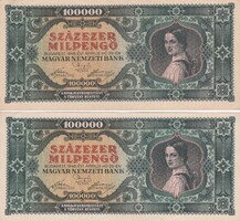 100.000  Pengő  2 db Sorszámkövető  1946   A képen látható Szép állapotban