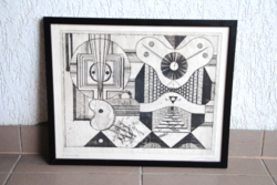 Hincz Gyula: Városszéle – Eredeti, szignált rézkarc igényes fa keretben (43 x 35,5 cm)