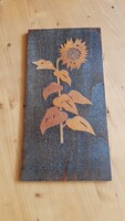 Retro Csehszlovák fa intarzia falikép – Napraforgó / Címkés (20×40 cm)