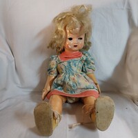 Antik teknolon / celluloid játékbaba – 47 cm-es retro baba, hiányos alkatrésszel
