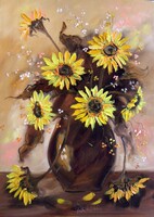 Tóth Rozália "Napraforgók vázában" olajfestmény, 50x70 cm