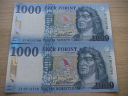 1.000 Forint  2 db Sorszámkövető 2021  A képen látható Szép Új állapotban