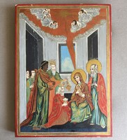 Monumentális Antik Ikon Tábla (62x45 cm) – Királyok Imádása – 19. sz. alap