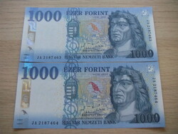 1.000 Forint  2 db Sorszámkövető 2021  A képen látható Szép Új állapotban