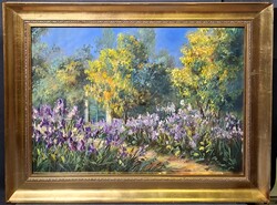 Virágos út lila íriszekkel - Orbán Csilla hibátlan olajfestménye, szép keretben - tájkép, 70x50 cm