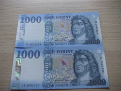 1.000 Forint  2 db Sorszámkövető 2023  A képen látható Szép Új állapotban
