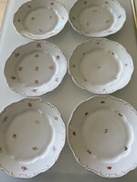 Antik Zsolnay lapostányérok apró virág mintával arany szegéllyel, 24 cm átmérőjűek