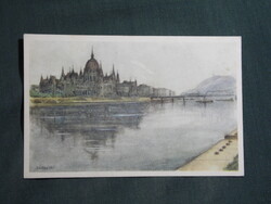 Képeslap,Zádor István grafika,Budapest,Országház látkép,részlet,1955-