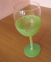 Régi egyedi, kézzel festett zöld üveg boros pohár csillámos szárral 18 cm
