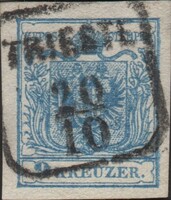 Osztrák Monarchia 1850 9 kr kék (MiNr. 5) – TRIEST keretes pecsét, 4 tág margó