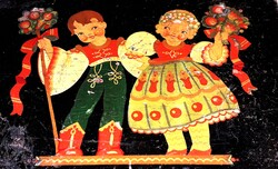 1930'S Antik kézzel festett népviseletes pár kártya / dísz doboz fából 12 x 16 x 5,5 cm