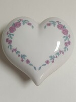 Hollóházi szív alakú porcelán ékszertartó, bonbonier, virág mintával - 10 x 10 x 6 cm
