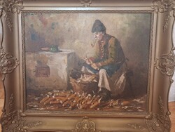 Hirváth G. Andor Kukorica morzsolás hibátlan olajfestmény, eredeti kertében, szignált, 64 x 54 cm