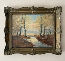 Borbély László - Őszi táj patakkal (olajfestmény fatáblán, blondel keretben) 40x50 / 53x63 cm