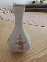 Retro Hollóházi porcelán mini váza – barna-arany virágmintás (12 cm)