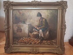 Hirváth G. Andor Kukorica morzsolás hibátlan olajfestmény, eredeti kertében, szignált, 64 x 54 cm