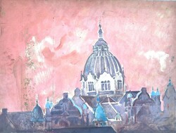 Novák András -Szegedi Zsinagóga 1973 Képcsarnokos olajfestmény 80x60cm