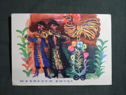 Képeslap,Lengyelország,Wiesława Grosset grafikai,népi zenészek,kakas,ünnep,1965-