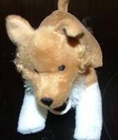 Régi retro barna-fehér kutya plüss figura kék nyakörvvel 15 cm 90-s évekből
