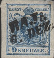 Osztrák Monarchia 1850 9 kr kék (MiNr. 5) – BAJA 6. DEZ. magyar pecsét, 4 tág margó