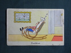 Képeslap,Réber László grafika,művészet,emlékezés,kislány,macska,hintaszék,1955-