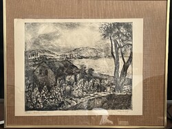 Blahos Rudolf: Szüret a Balaton mellett c. rézkarc, 40 x 30 cm
