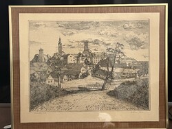 Deim Pál: Szentendre c. rézkarca, 45 x 35 cm