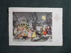 Képeslap,grafikai,művészet,gyerek modell,kislány,kisfiú,angyal,őz,mókus,nyúl,ünnep,karácsony,1955-