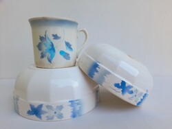 Retro Kispesti Gránit 3db szett - 0,5L kék leveles bögre + 20cm és 18cm kompótos tál - 1960-as évek