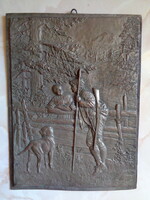 Ca 1900 Bronz dombormű (relief), amely egy klasszikus erdei vadászjelenetet ábrázol,vizslával
