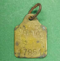 Békés Vármegyei ebadó bárca (kutyaadó biléta) 1939-ből.