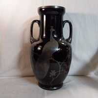 Ritka Art Deco fekete üveg amfóraváza valódi ezüst páva mintával - 25,5 cm