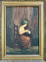 Vajnai szignós ülő nő – régi festmény, 25 × 30 cm, díszes keretben