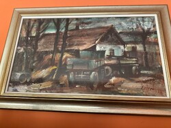 Fodor József (1935–2007): Tanyaudvar szekérrel – festmény, 70 × 40 cm