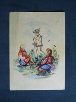 Képeslap,Szlovákia,Sibyla Greinerová grafika,gyerek modell,kislány,kisfiú,népviselet,húsvét, 1955-