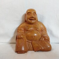 Kézzel faragott fa Nevető Buddha szobor (12x10 cm)