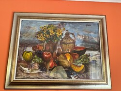 Fodor József (1935–2007): Csendélet gyümölcsökkel és virágokkal – 70 × 50 cm