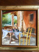 Erdélyi Tibor (1961–): Enteriőr, 2004 – olaj, farost, 37 × 37 cm