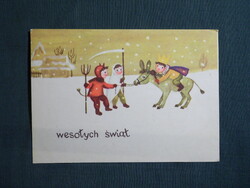 Képeslap,Lengyelország,Elżbieta Fido grafika,gyerek modell,krampusz,szamár,ünnep,karácsony,1965-