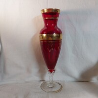 Antik olasz velencei / muranói rubinvörös üveg kehelyváza aranyozott díszítéssel (28 cm)