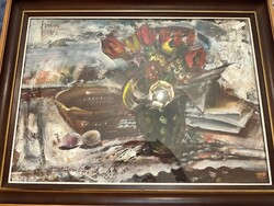 Fodor József (1935–2007): Tavaszi csendélet – olajfestmény, 50 × 100 cm