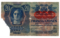 20 Korona Bankjegy 1913 II. kiadás Deutschösterreich bélyegzés P