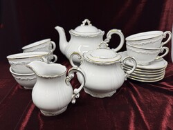 Zsolnay stafír  9db-os  fehér és arany porcelán teáskészlet, 6 csésze+alj, kanna, cukortartó, kiöntő