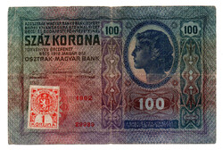 100 Korona Bankjegy 1912 / Csehszlovák 1 Koruna 1919 vágott bélyeggel