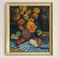 Benkő László (1926–2003) - Csendélet VIII. 70x60 (Klasszikus asztali csendélet kenyérrel és borral)