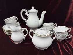Zsolnay stafír  9db-os  fehér és arany porcelán kávéskészlet, 6csésze+alj, kanna, cukortartó, kiöntő