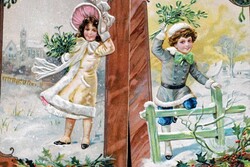 2 db antik dombornyomott újévi üdvözlő litho képeslap - kislány és kisfiú fagyöngy csokor , párban