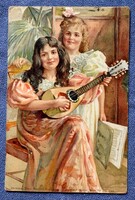Antik üdvözlő  litho   képeslap - zenélő kisleányok