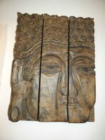 Thaiföldön készített, három részes, nagy méretű, falra akasztható faragott fa Buddha fej